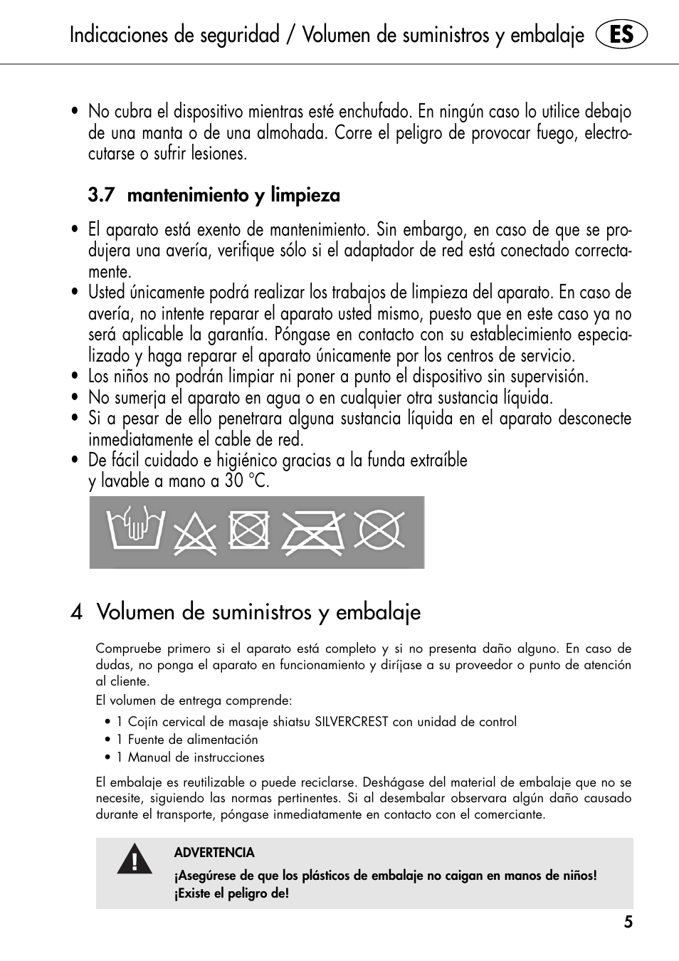 4 volumen de suministros y embalaje | Silvercrest SHIATSU NECK MASSAGE CUSHION User Manual | Page 11 / 52