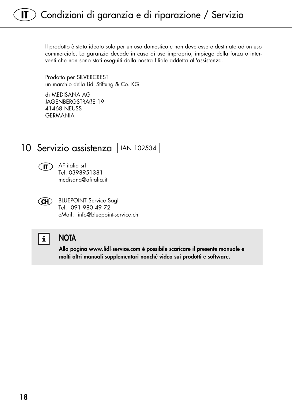 10 servizio assistenza, Condizioni di garanzia e di riparazione / servizio, Nota | Silvercrest SHIATSU NECK MASSAGE CUSHION User Manual | Page 24 / 52