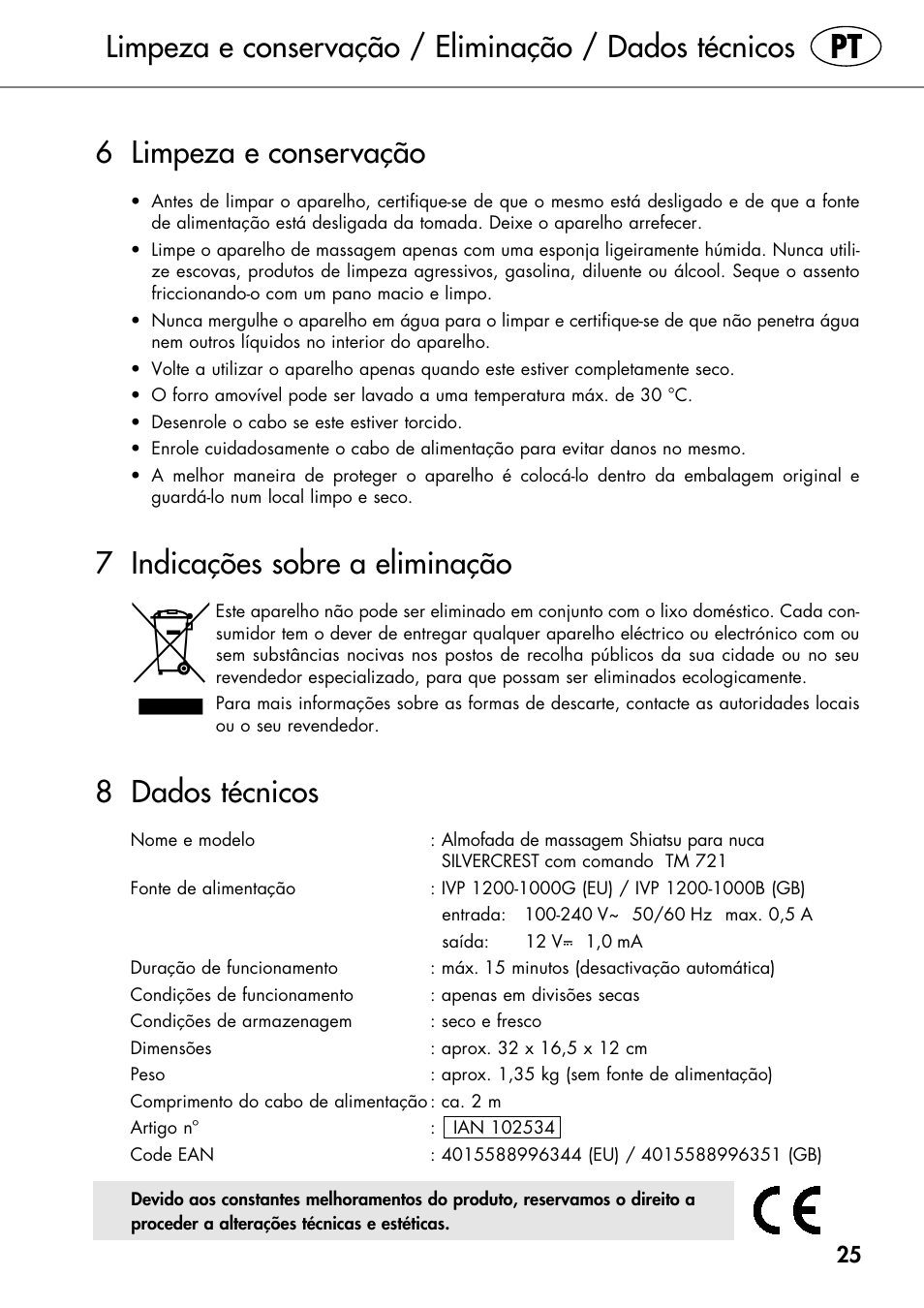 7 indicações sobre a eliminação, 8 dados técnicos | Silvercrest SHIATSU NECK MASSAGE CUSHION User Manual | Page 31 / 52
