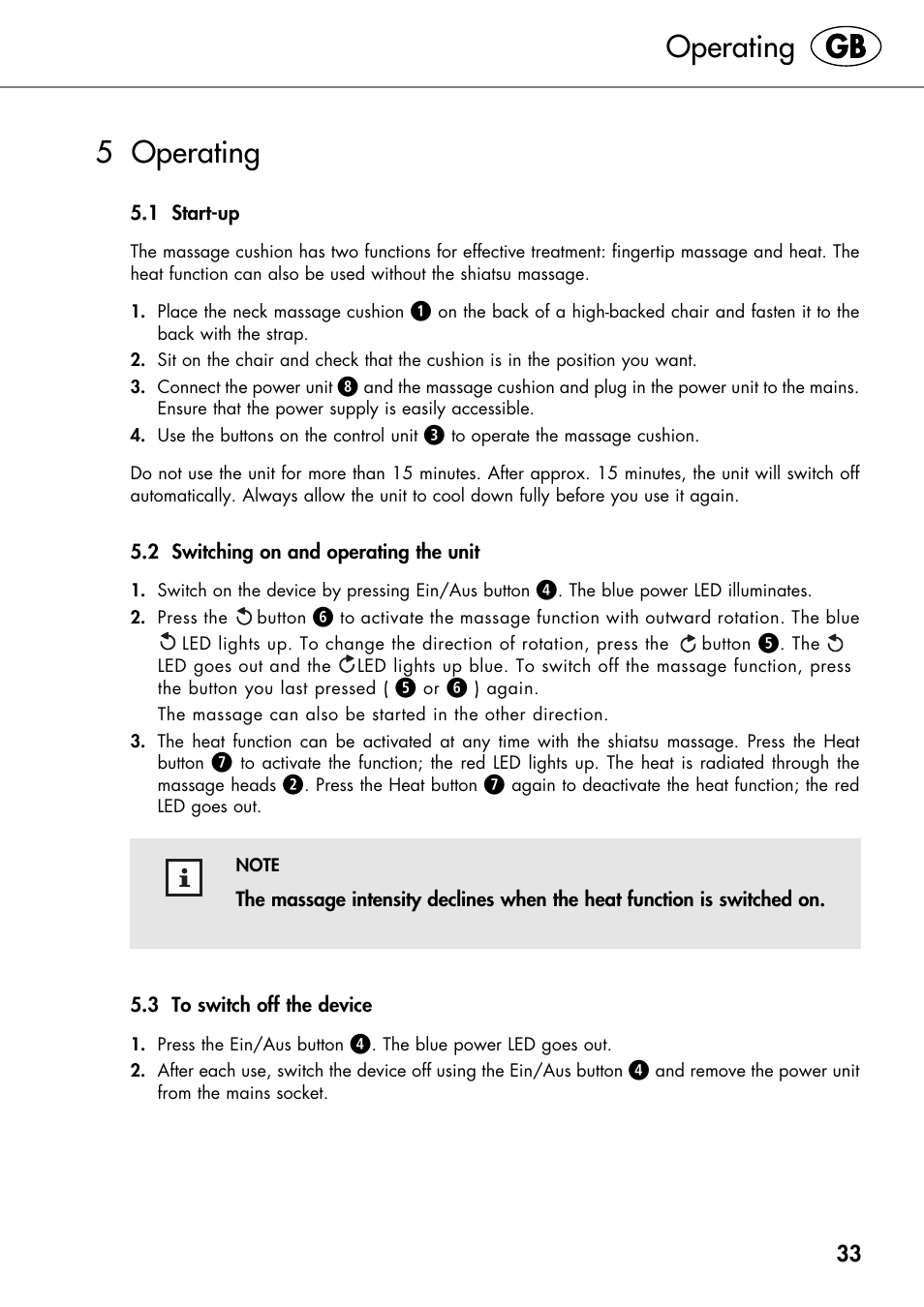 Operating 5 operating | Silvercrest SHIATSU NECK MASSAGE CUSHION User Manual | Page 39 / 52