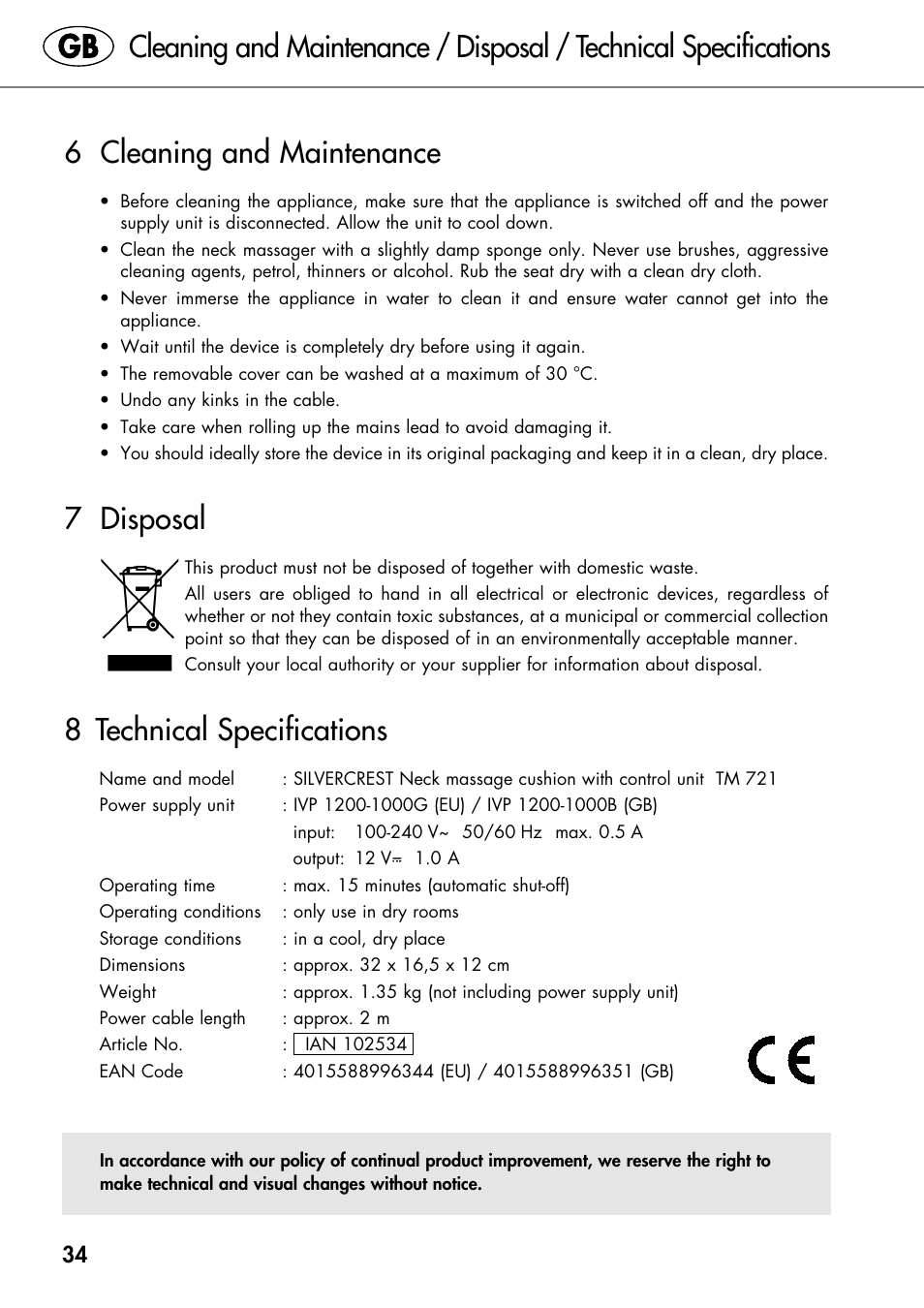 7 disposal, 8 technical specifications | Silvercrest SHIATSU NECK MASSAGE CUSHION User Manual | Page 40 / 52