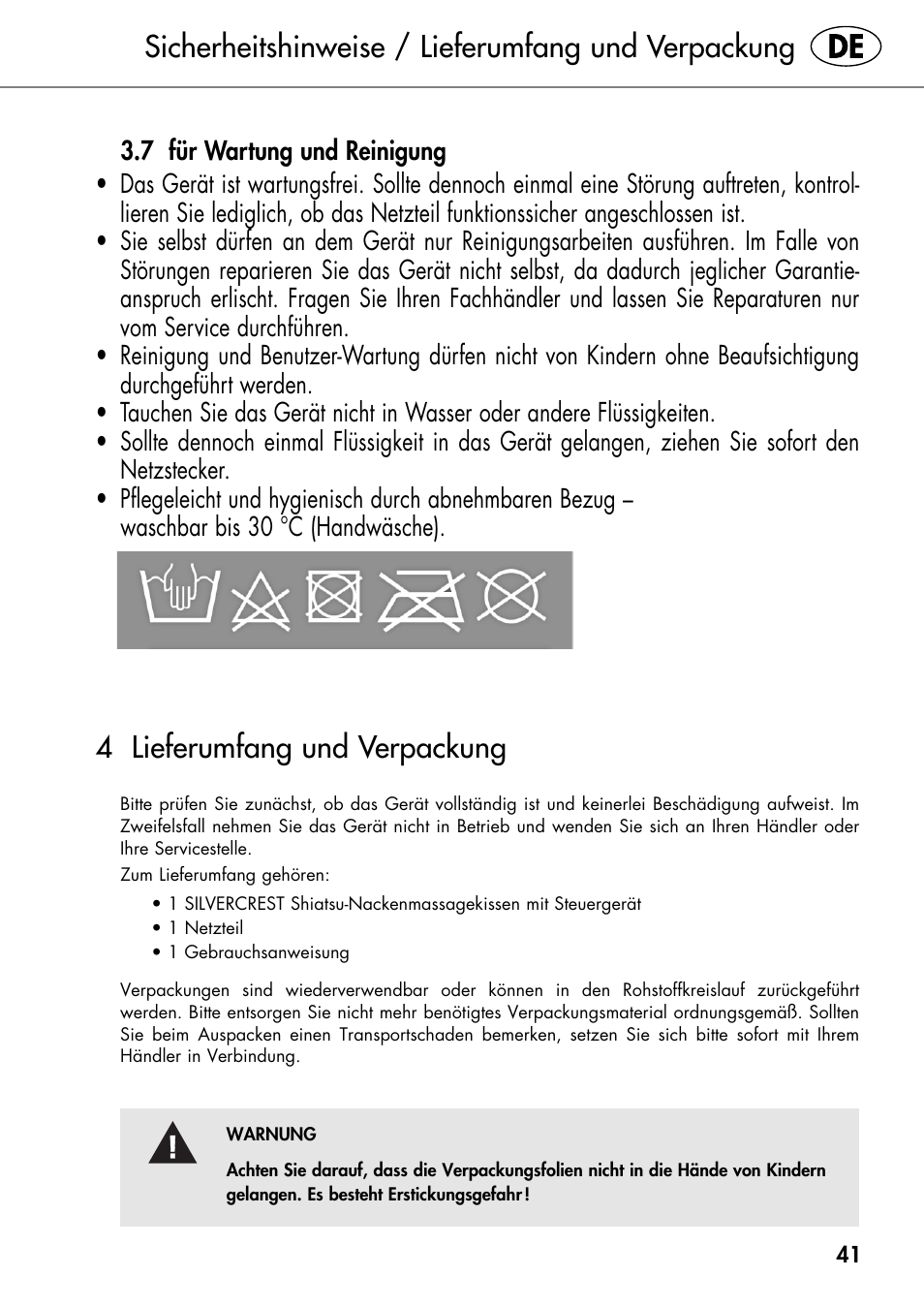 Sicherheitshinweise / lieferumfang und verpackung, 4 lieferumfang und verpackung | Silvercrest SHIATSU NECK MASSAGE CUSHION User Manual | Page 47 / 52
