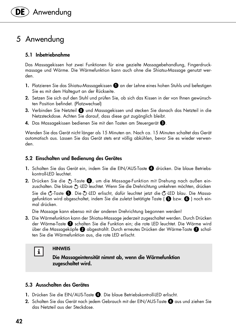 Anwendung, 5 anwendung | Silvercrest SHIATSU NECK MASSAGE CUSHION User Manual | Page 48 / 52