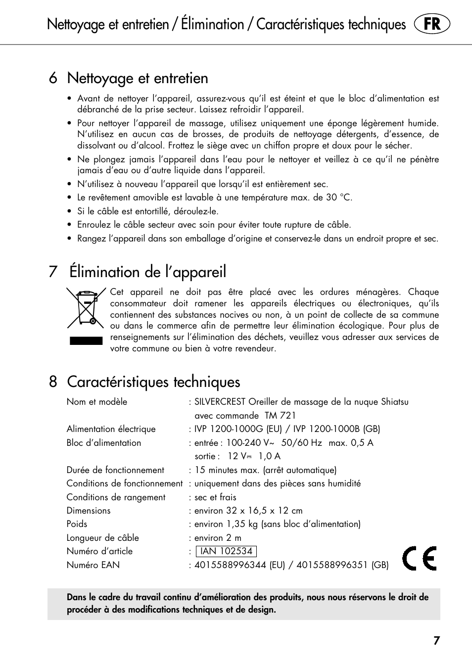 6 nettoyage et entretien, 7 élimination de l’appareil, 8 caractéristiques techniques | Silvercrest SHIATSU NECK MASSAGE CUSHION User Manual | Page 11 / 42