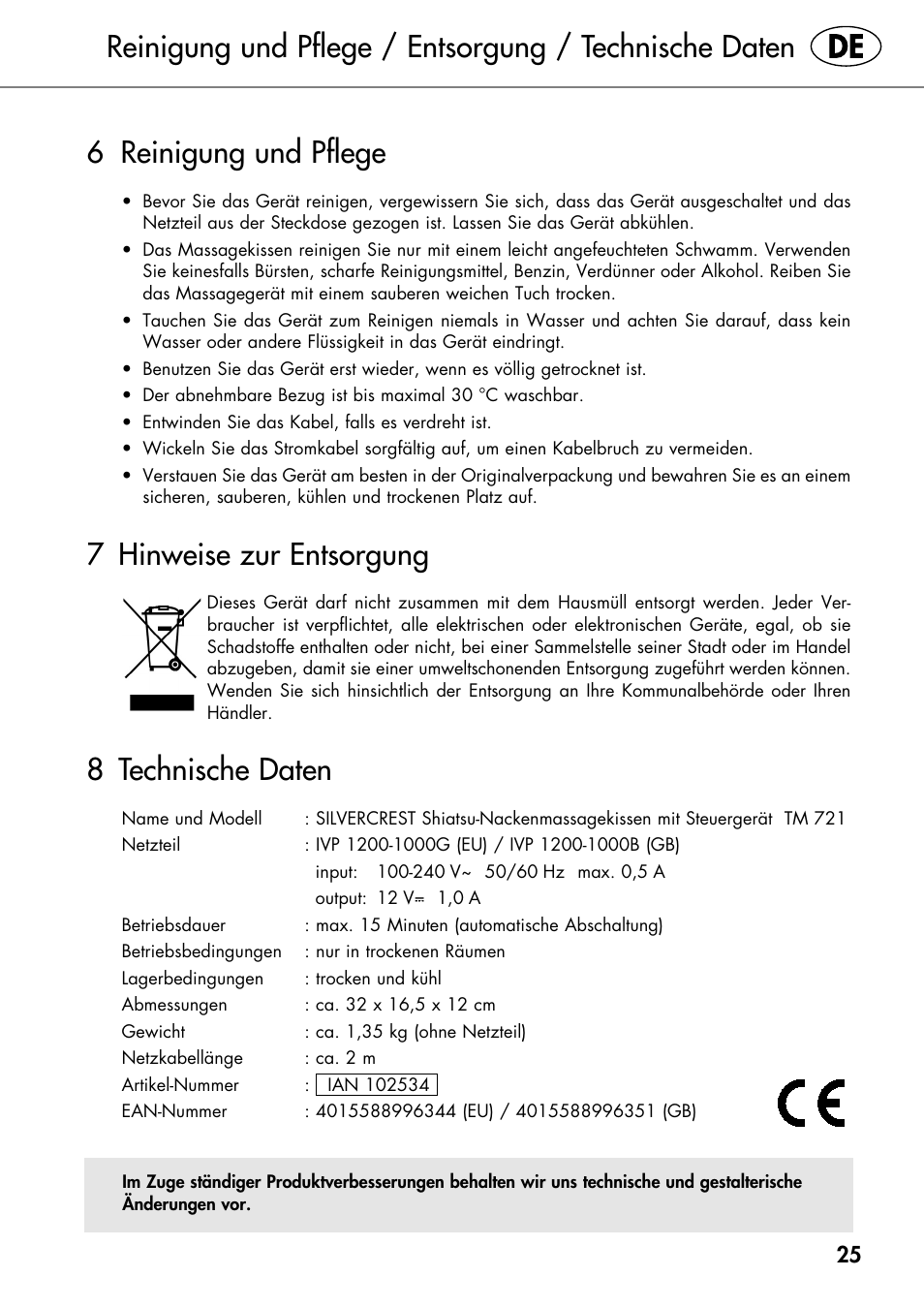 6 reinigung und pflege, 7 hinweise zur entsorgung, 8 technische daten | Silvercrest SHIATSU NECK MASSAGE CUSHION User Manual | Page 29 / 42
