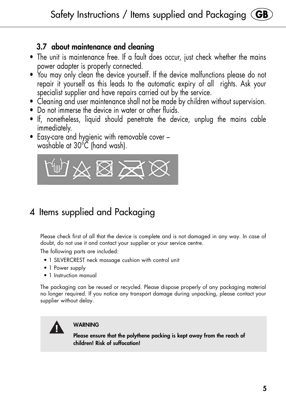 Safety instructions / items supplied and packaging, 4 items supplied and packaging | Silvercrest SHIATSU NECK MASSAGE CUSHION User Manual | Page 11 / 70