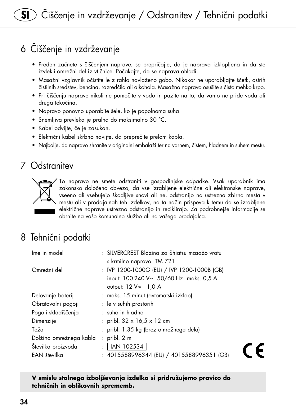 6 čiščenje in vzdrževanje, 7 odstranitev, 8 tehnični podatki | Silvercrest SHIATSU NECK MASSAGE CUSHION User Manual | Page 40 / 70