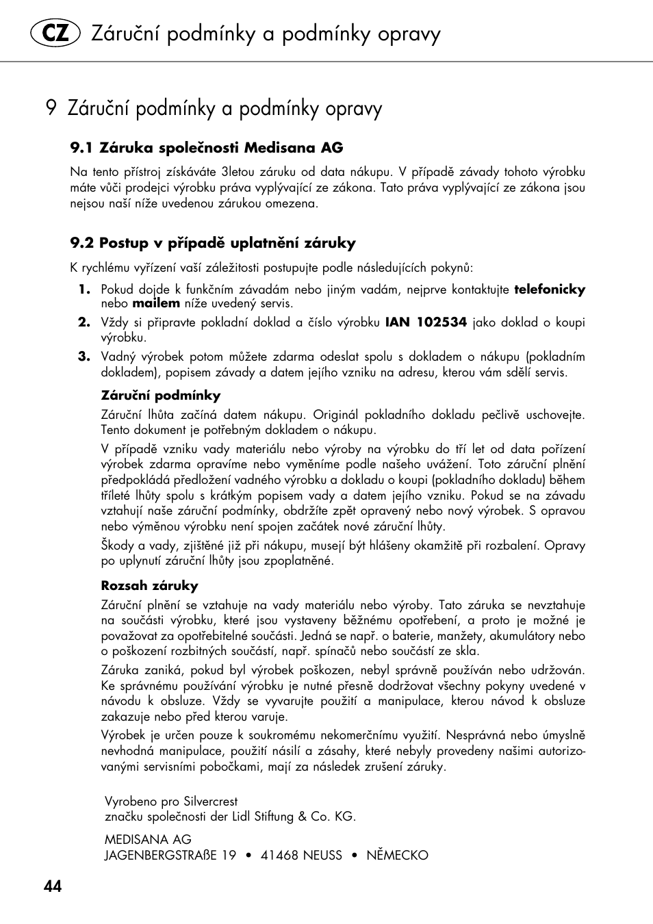 Záruční podmínky a podmínky opravy, 9 záruční podmínky a podmínky opravy | Silvercrest SHIATSU NECK MASSAGE CUSHION User Manual | Page 50 / 70