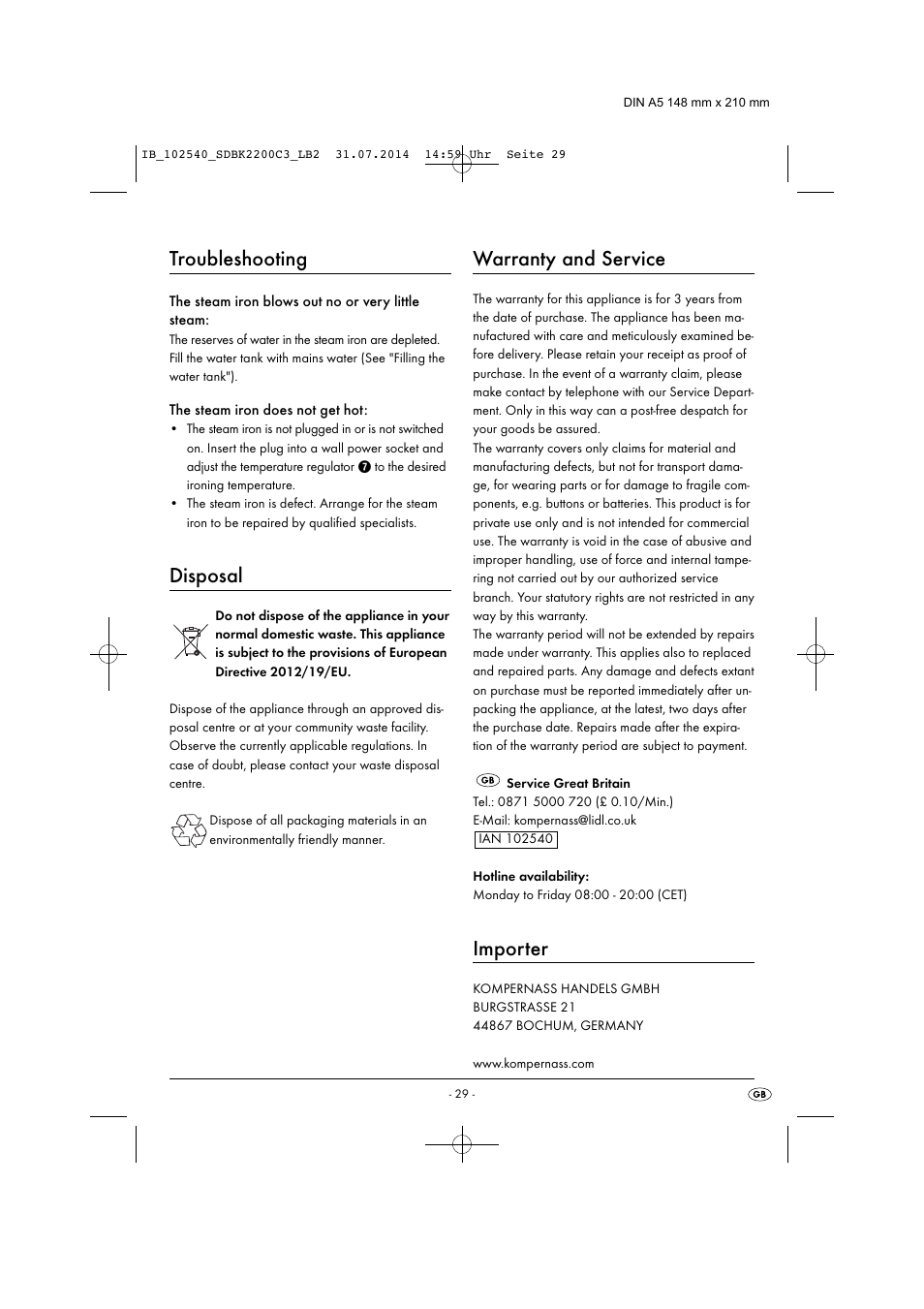 Troubleshooting, Disposal, Warranty and service | Importer | Silvercrest SDBK 2200 C3 User Manual | Page 32 / 33