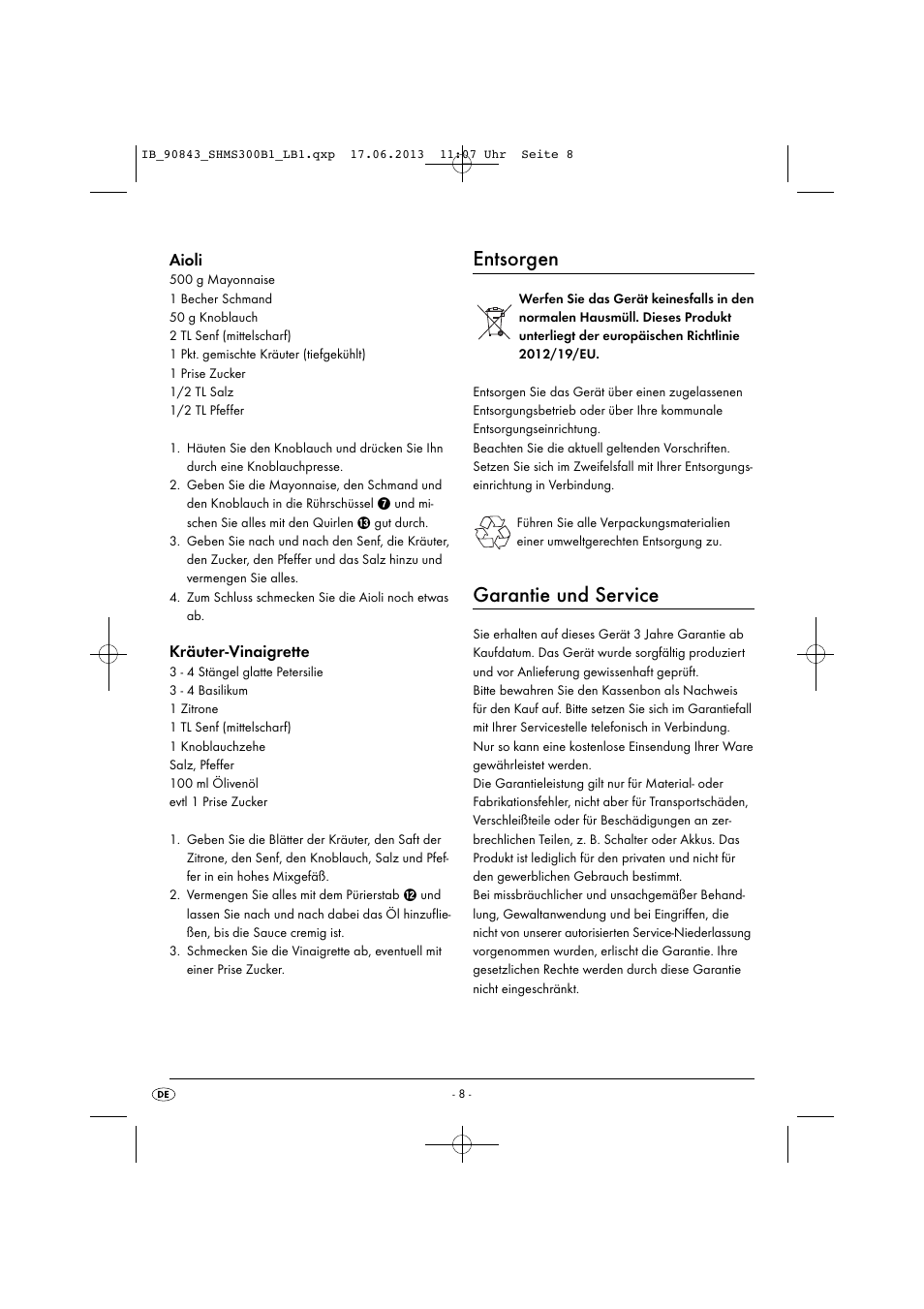 Entsorgen, Garantie und service, Aioli | Kräuter-vinaigrette | Silvercrest SHMS 300 B1 User Manual | Page 11 / 53