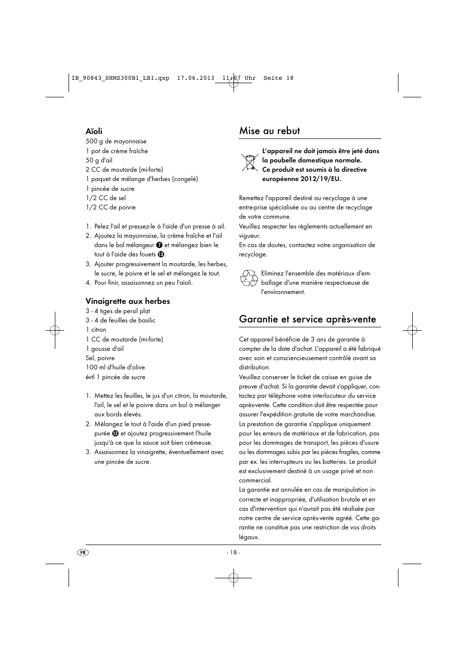 Mise au rebut, Garantie et service après-vente, Aïoli | Vinaigrette aux herbes | Silvercrest SHMS 300 B1 User Manual | Page 21 / 53