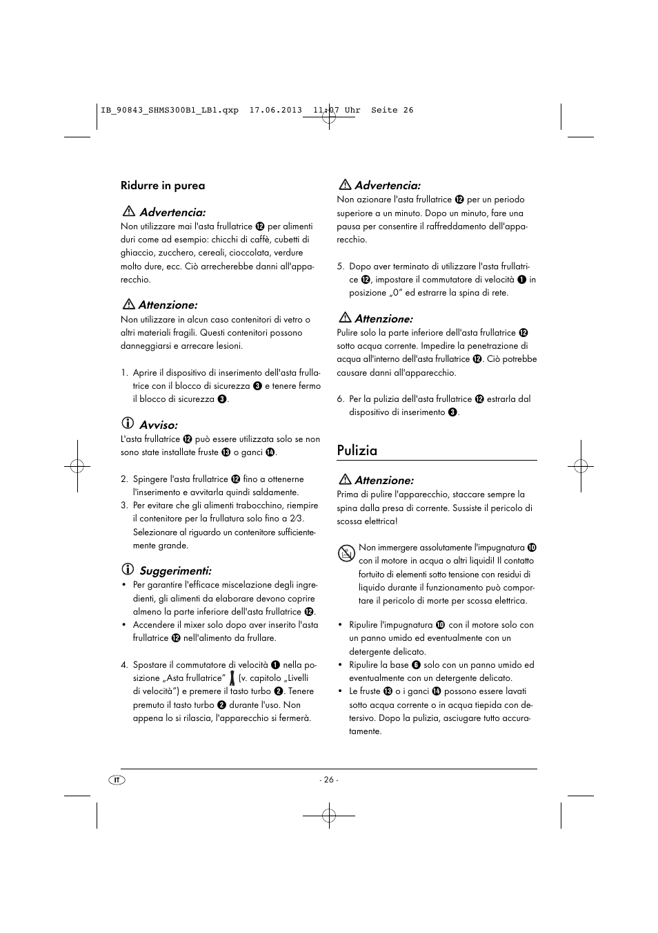 Pulizia, Ridurre in purea advertencia, Attenzione | Avviso, Suggerimenti, Advertencia, Attenzio ne | Silvercrest SHMS 300 B1 User Manual | Page 29 / 53