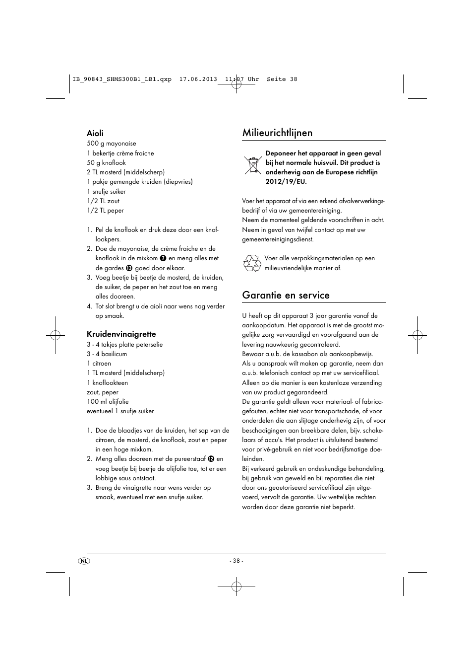 Milieurichtlijnen, Garantie en service, Aioli | Kruidenvinaigrette | Silvercrest SHMS 300 B1 User Manual | Page 41 / 53