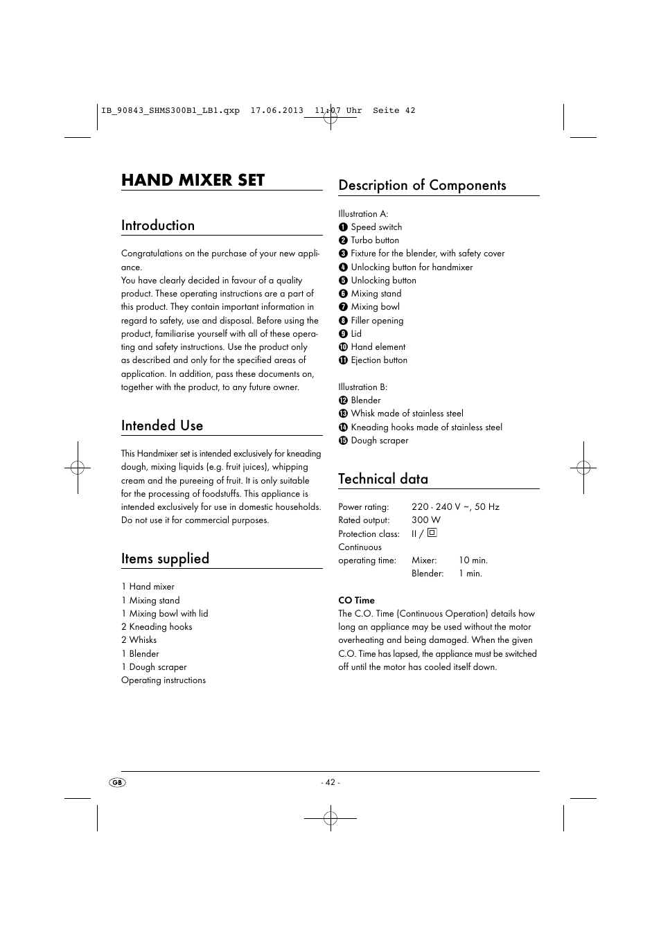 Hand mixer set, Introduction, Intended use | Items supplied, Description of components, Technical data | Silvercrest SHMS 300 B1 User Manual | Page 45 / 53