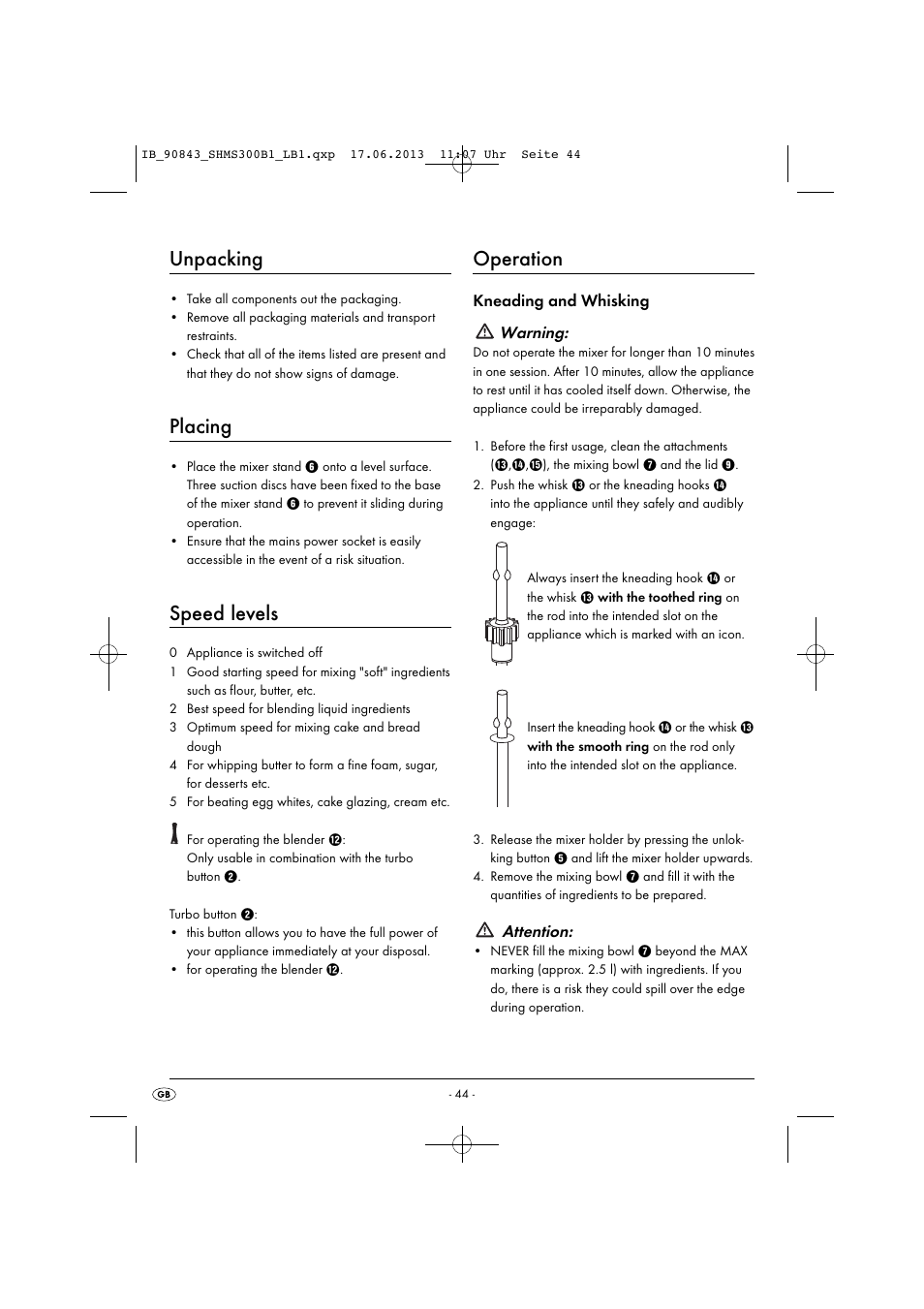 Unpacking, Placing, Speed levels | Operation, Kneading and whisking warning, Attention | Silvercrest SHMS 300 B1 User Manual | Page 47 / 53