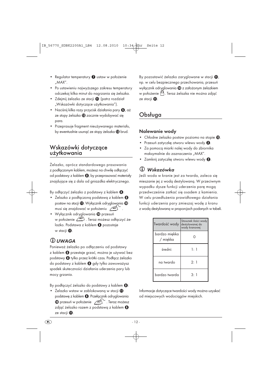 Wskazówki dotyczące użytkowania, Obsługa, Uwaga | Nalewanie wody, Wskazówka | Silvercrest SDBK 2200 A1 User Manual | Page 14 / 58