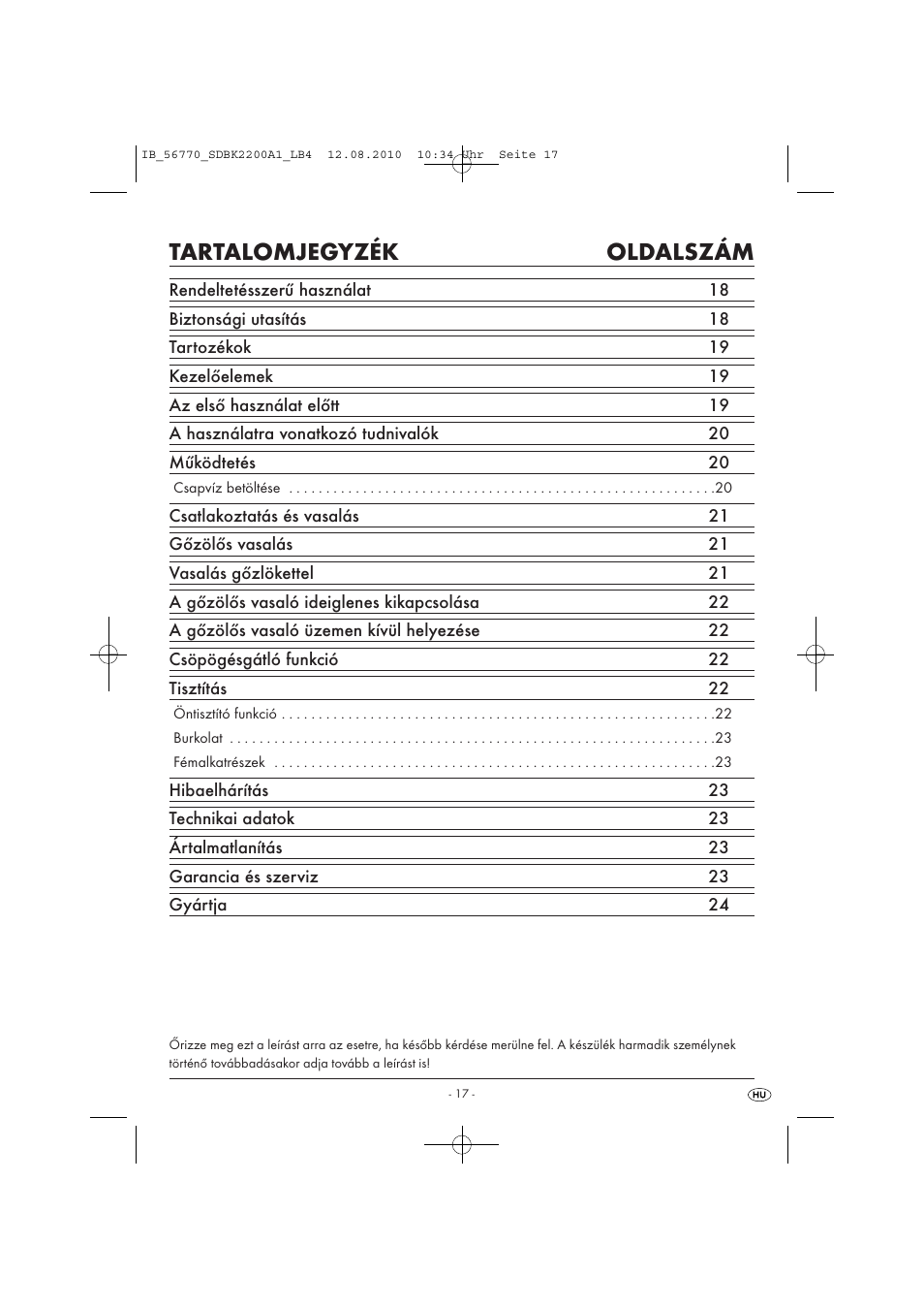 Tartalomjegyzék oldalszám | Silvercrest SDBK 2200 A1 User Manual | Page 19 / 58