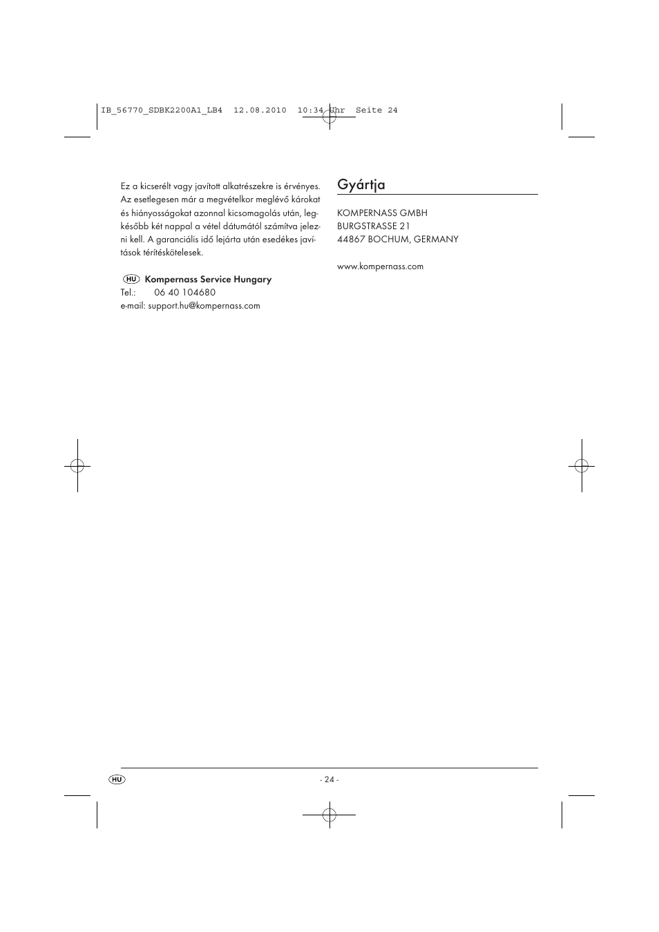 Gyártja | Silvercrest SDBK 2200 A1 User Manual | Page 26 / 58