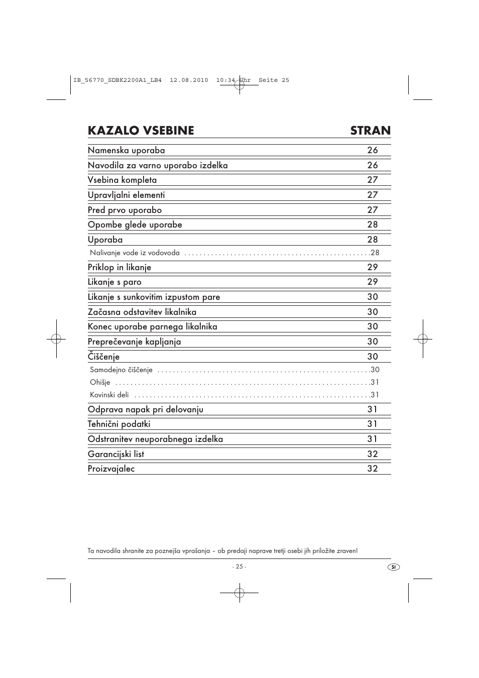 Kazalo vsebine stran | Silvercrest SDBK 2200 A1 User Manual | Page 27 / 58