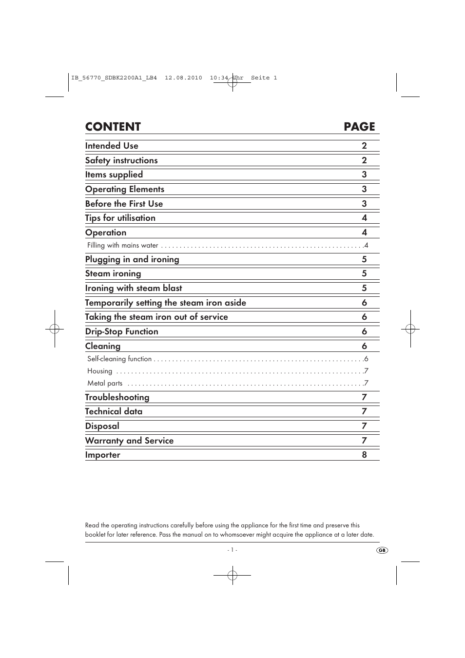 Content page | Silvercrest SDBK 2200 A1 User Manual | Page 3 / 58