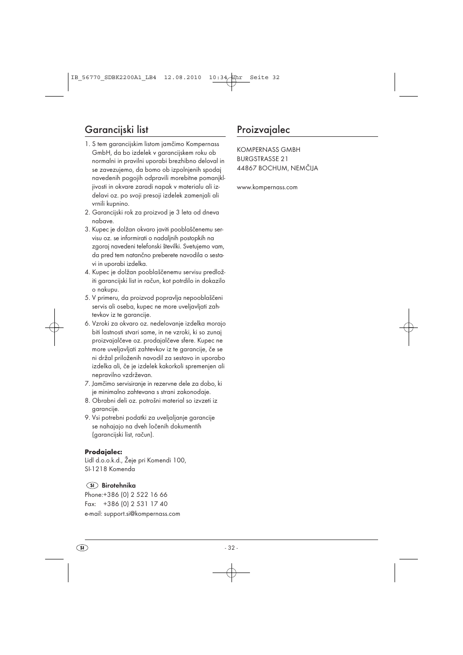 Garancijski list, Proizvajalec | Silvercrest SDBK 2200 A1 User Manual | Page 34 / 58