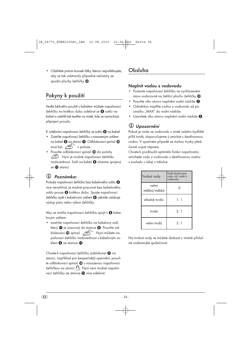 Pokyny k použití, Obsluha, Poznámka | Naplnit vodou z vodovodu, Upozornění | Silvercrest SDBK 2200 A1 User Manual | Page 38 / 58
