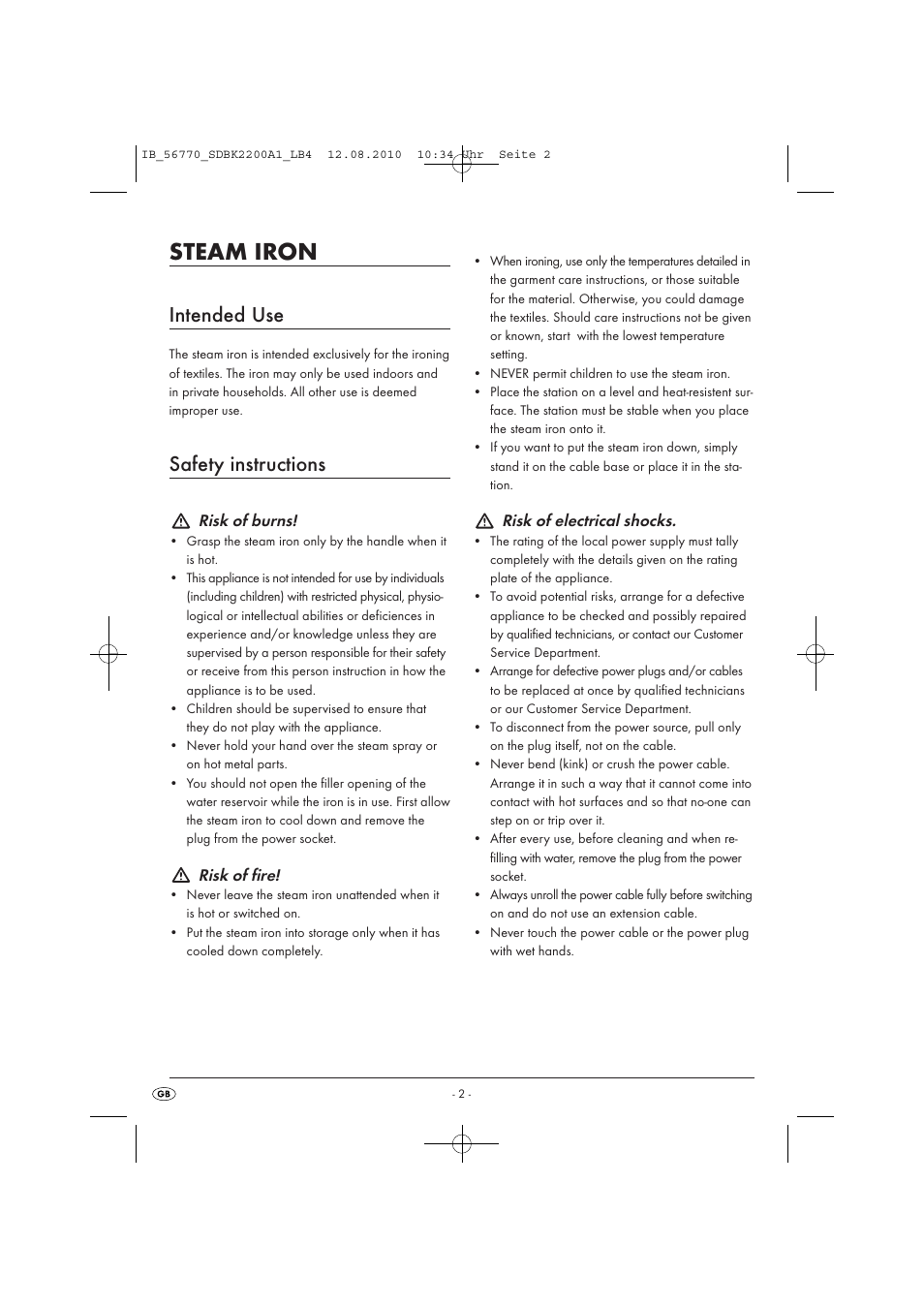 Steam iron, Intended use, Safety instructions | Risk of burns, Risk of fire, Risk of electrical shocks | Silvercrest SDBK 2200 A1 User Manual | Page 4 / 58