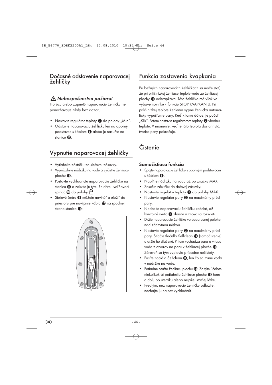 Dočasné odstavenie naparovacej žehličky, Vypnutie naparovacej žehličky, Funkcia zastavenia kvapkania | Čistenie | Silvercrest SDBK 2200 A1 User Manual | Page 48 / 58