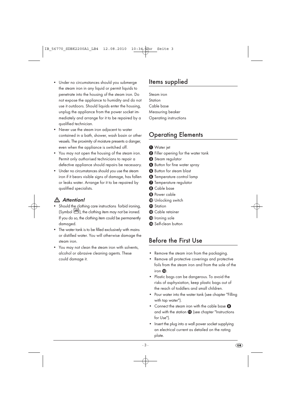 Items supplied, Operating elements, Before the first use | Attention | Silvercrest SDBK 2200 A1 User Manual | Page 5 / 58