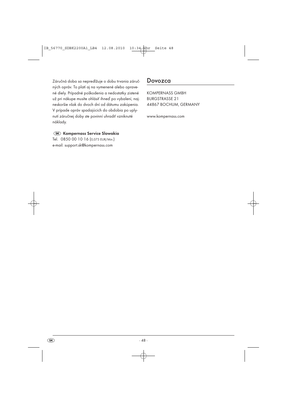 Dovozca | Silvercrest SDBK 2200 A1 User Manual | Page 50 / 58