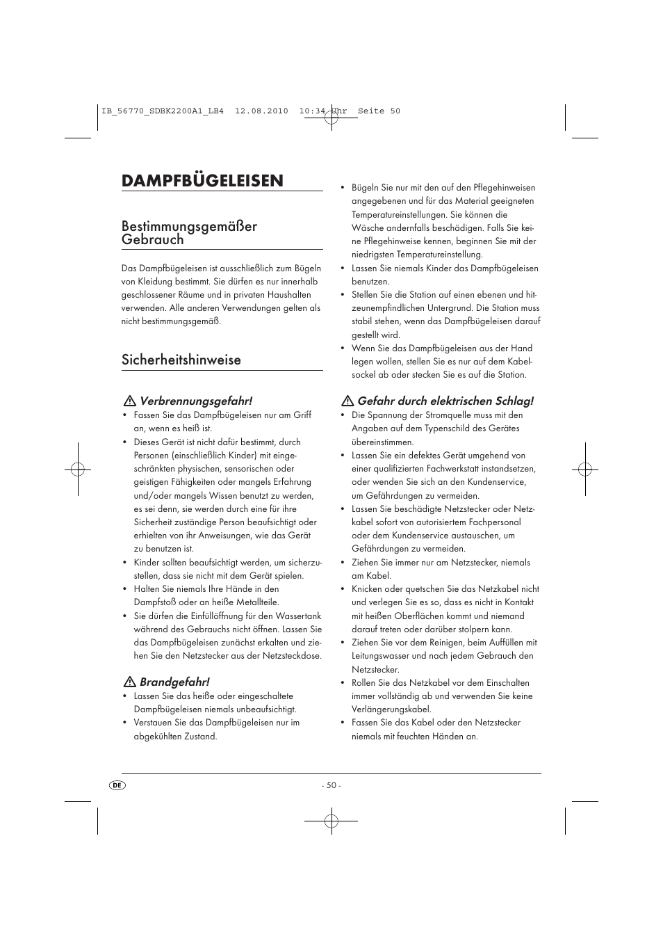Dampfbügeleisen, Bestimmungsgemäßer gebrauch, Sicherheitshinweise | Verbrennungsgefahr, Brandgefahr, Gefahr durch elektrischen schlag | Silvercrest SDBK 2200 A1 User Manual | Page 52 / 58