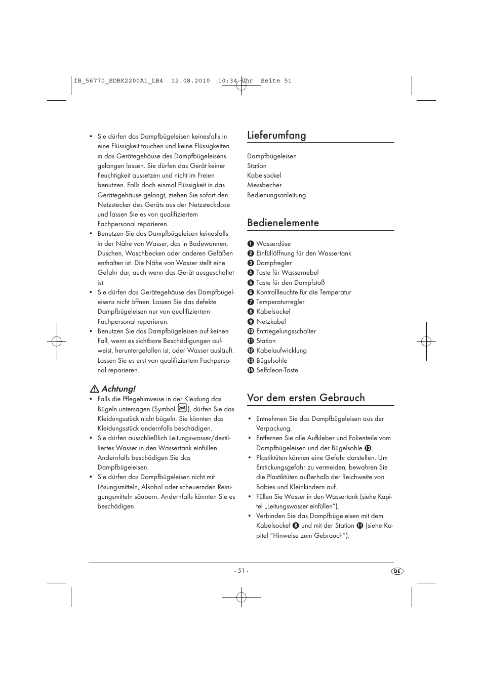 Lieferumfang, Bedienelemente, Vor dem ersten gebrauch | Achtung | Silvercrest SDBK 2200 A1 User Manual | Page 53 / 58