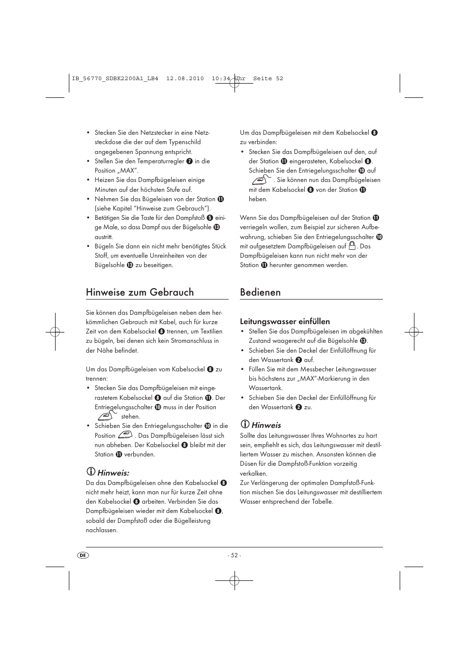 Hinweise zum gebrauch, Bedienen, Hinweis | Leitungswasser einfüllen | Silvercrest SDBK 2200 A1 User Manual | Page 54 / 58