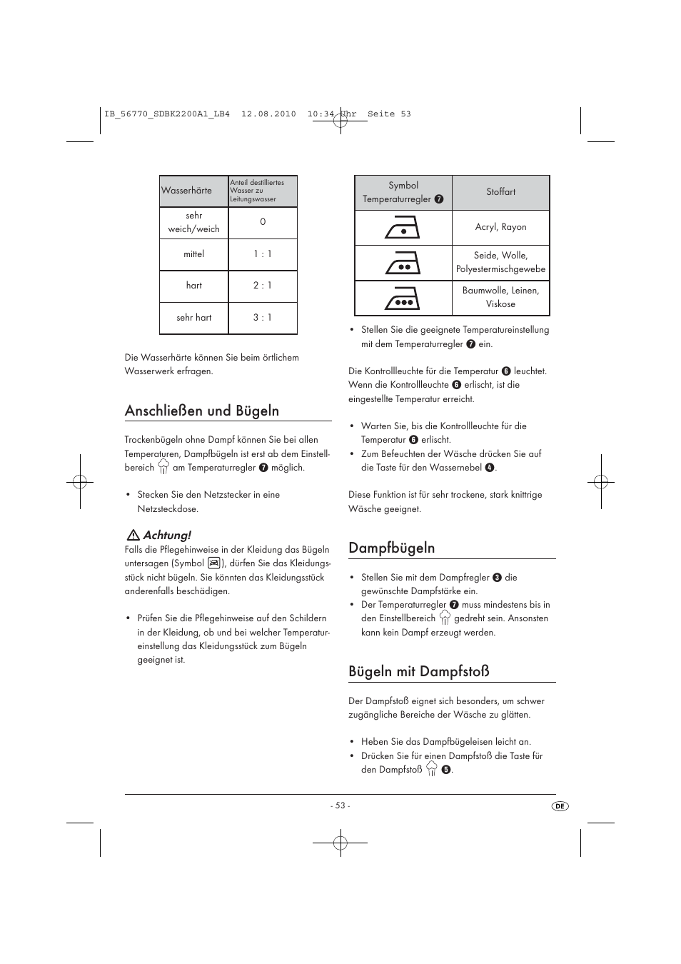 Anschließen und bügeln, Dampfbügeln, Bügeln mit dampfstoß | Achtung | Silvercrest SDBK 2200 A1 User Manual | Page 55 / 58