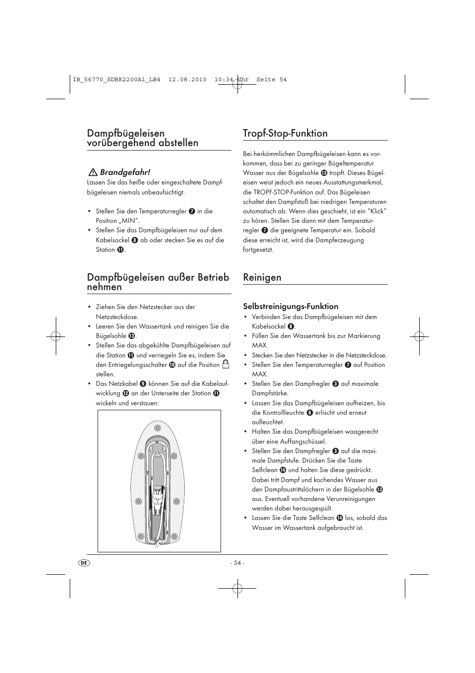 Dampfbügeleisen vorübergehend abstellen, Dampfbügeleisen außer betrieb nehmen, Tropf-stop-funktion | Reinigen | Silvercrest SDBK 2200 A1 User Manual | Page 56 / 58