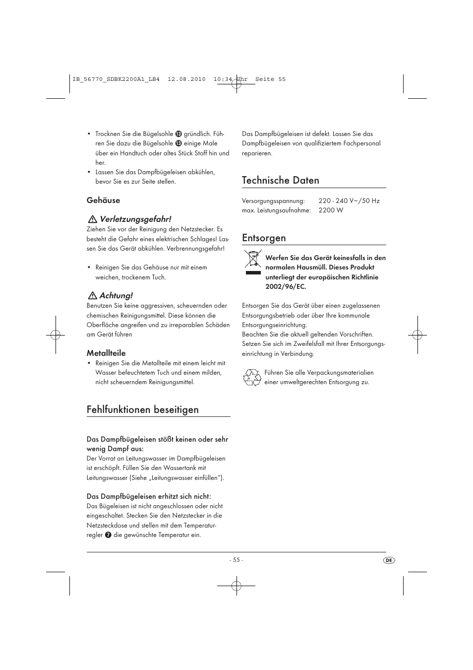 Fehlfunktionen beseitigen, Technische daten, Entsorgen | Silvercrest SDBK 2200 A1 User Manual | Page 57 / 58