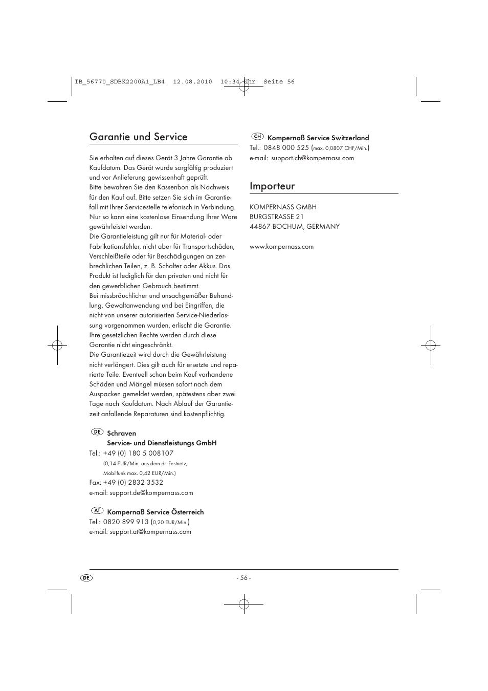 Garantie und service, Importeur | Silvercrest SDBK 2200 A1 User Manual | Page 58 / 58