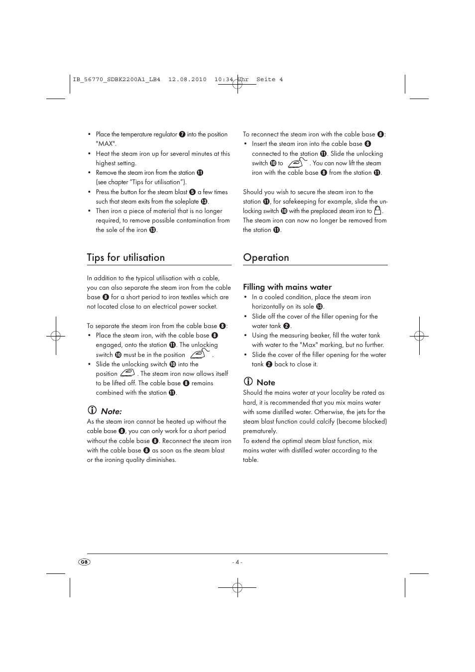 Tips for utilisation, Operation, Filling with mains water | Silvercrest SDBK 2200 A1 User Manual | Page 6 / 58