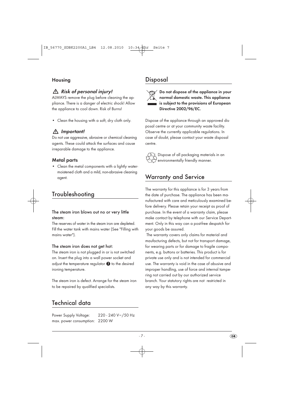 Troubleshooting, Technical data, Disposal | Warranty and service | Silvercrest SDBK 2200 A1 User Manual | Page 9 / 58