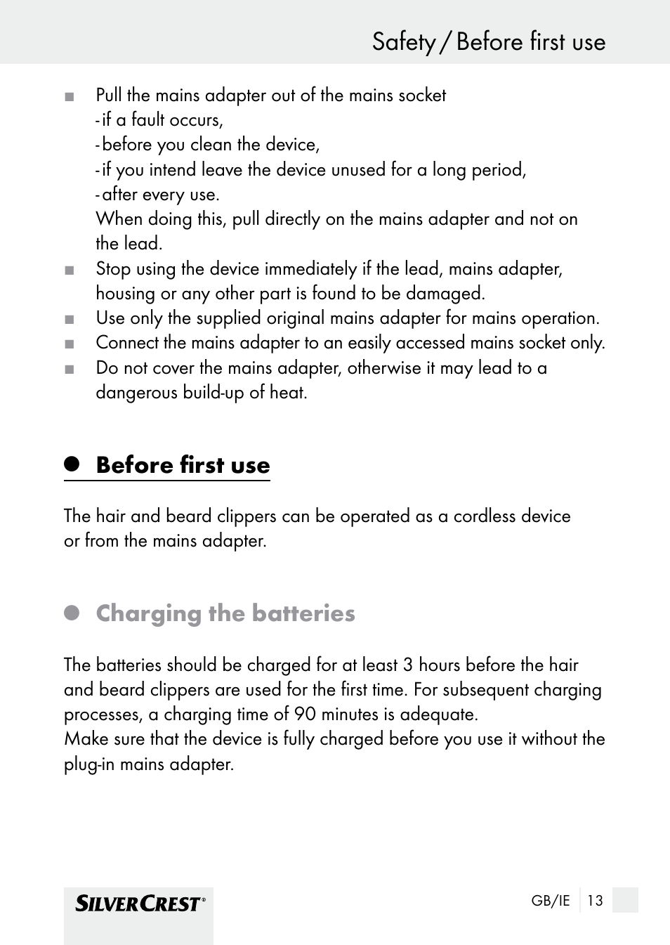 Safety / before first use, Before first use, Charging the batteries | Silvercrest SHBS 1000 A1 User Manual | Page 13 / 25