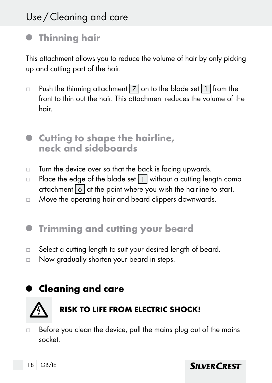 Use / cleaning and care, Thinning hair, Cutting to shape the hairline, neck and sideboards | Trimming and cutting your beard, Cleaning and care | Silvercrest SHBS 1000 A1 User Manual | Page 18 / 25