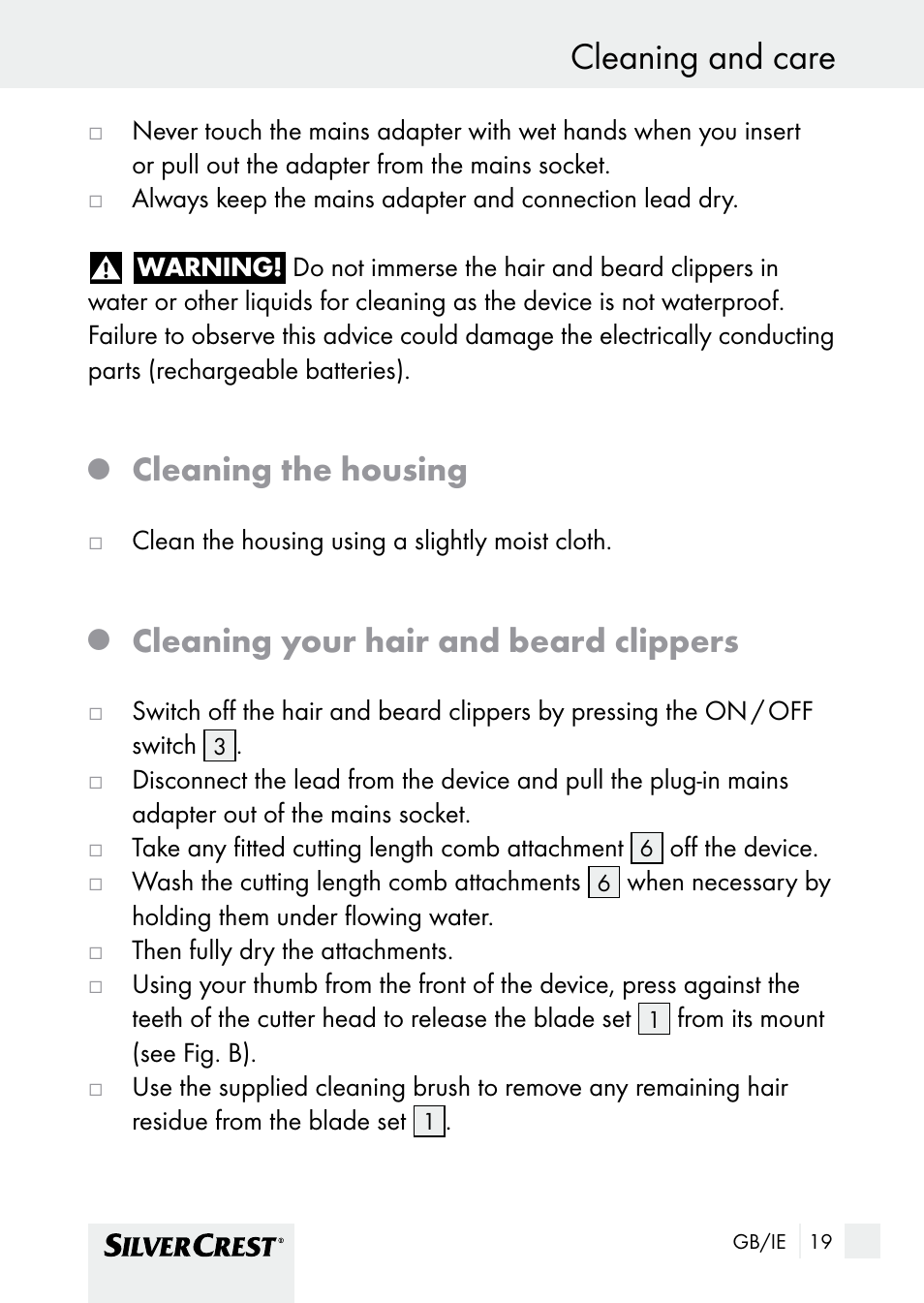 Cleaning and care, Cleaning the housing, Cleaning your hair and beard clippers | Silvercrest SHBS 1000 A1 User Manual | Page 19 / 25