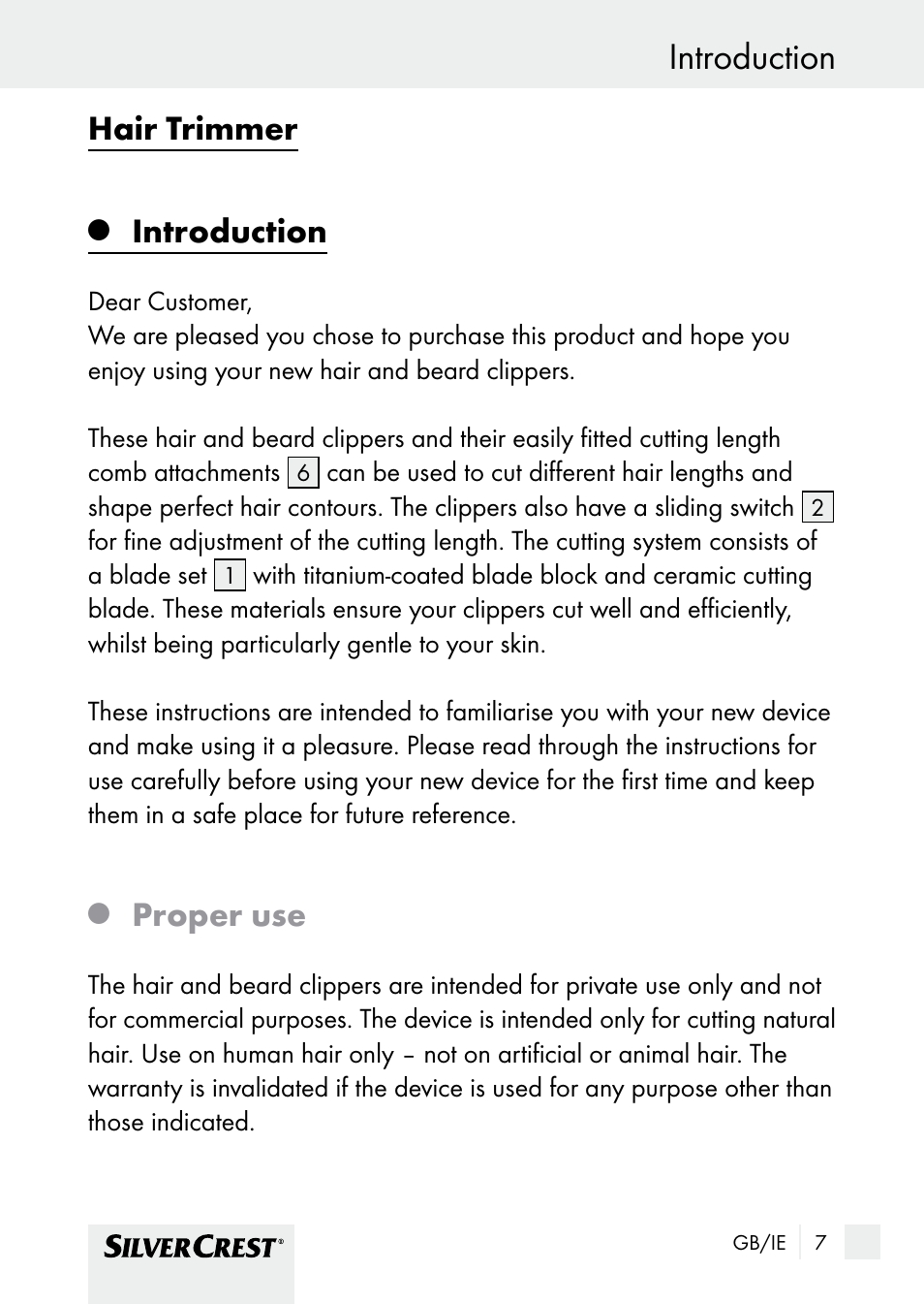 Introduction, Hair trimmer, Proper use | Silvercrest SHBS 1000 A1 User Manual | Page 7 / 25