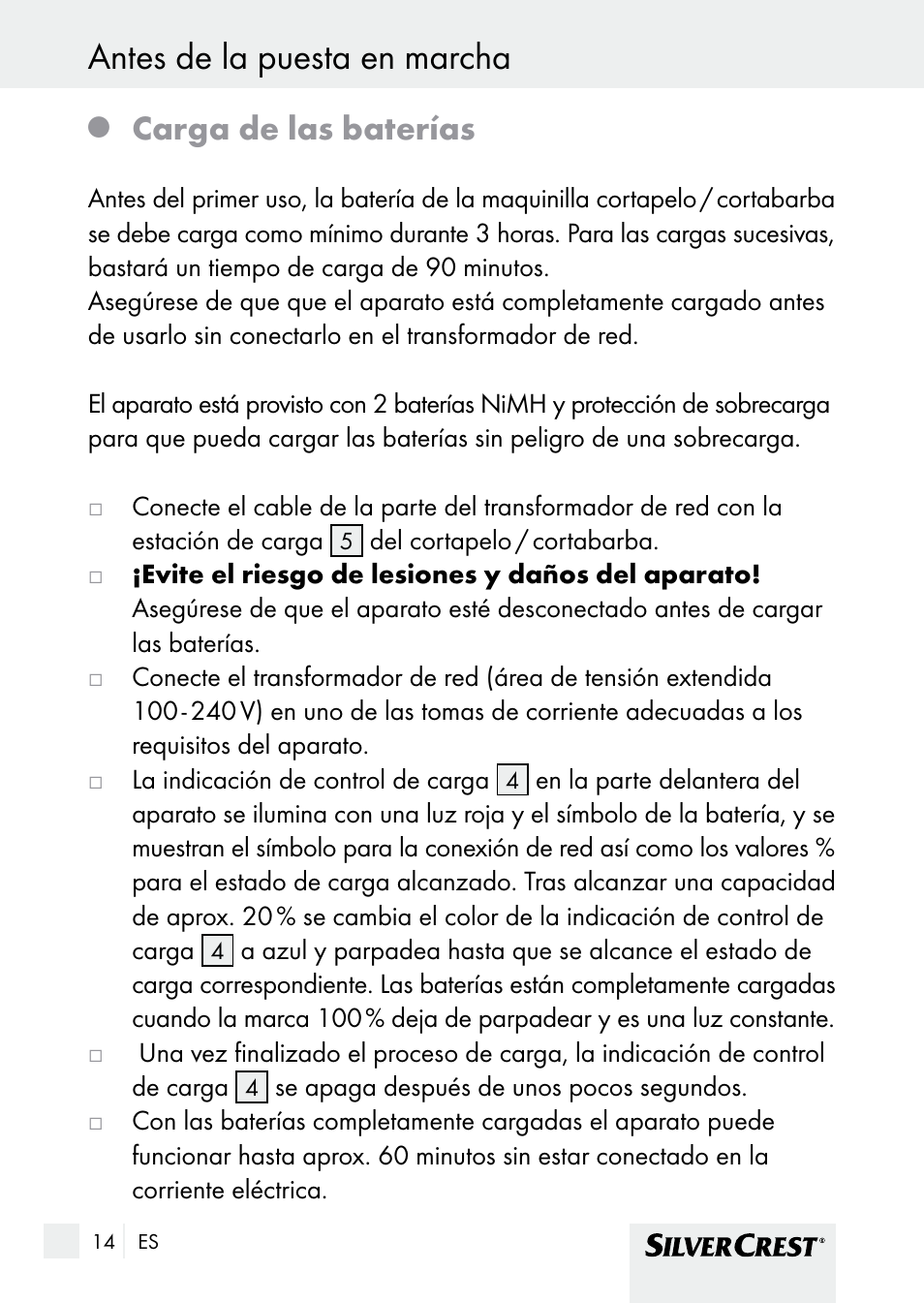 Antes de la puesta en marcha, Carga de las baterías | Silvercrest SHBS 1000 A1 User Manual | Page 14 / 101