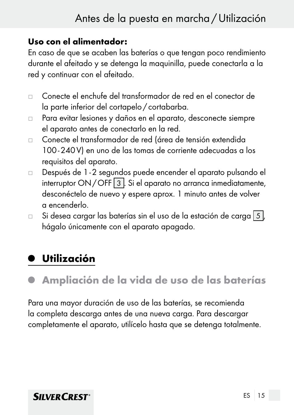 Antes de la puesta en marcha / utilización, Utilización, Ampliación de la vida de uso de las baterías | Silvercrest SHBS 1000 A1 User Manual | Page 15 / 101