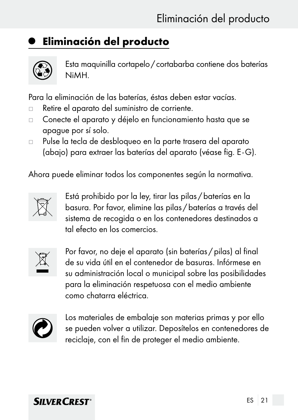 Eliminación del producto | Silvercrest SHBS 1000 A1 User Manual | Page 21 / 101