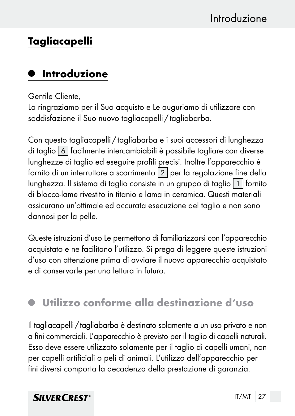 Introduzione, Tagliacapelli, Utilizzo conforme alla destinazione d‘uso | Silvercrest SHBS 1000 A1 User Manual | Page 27 / 101