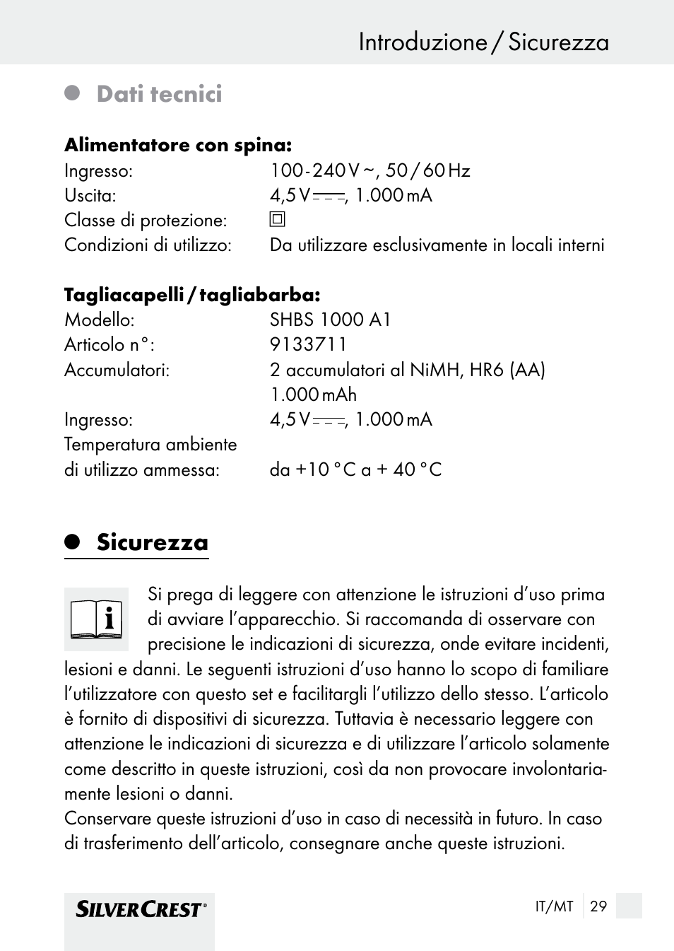 Introduzione / sicurezza, Dati tecnici, Sicurezza | Silvercrest SHBS 1000 A1 User Manual | Page 29 / 101