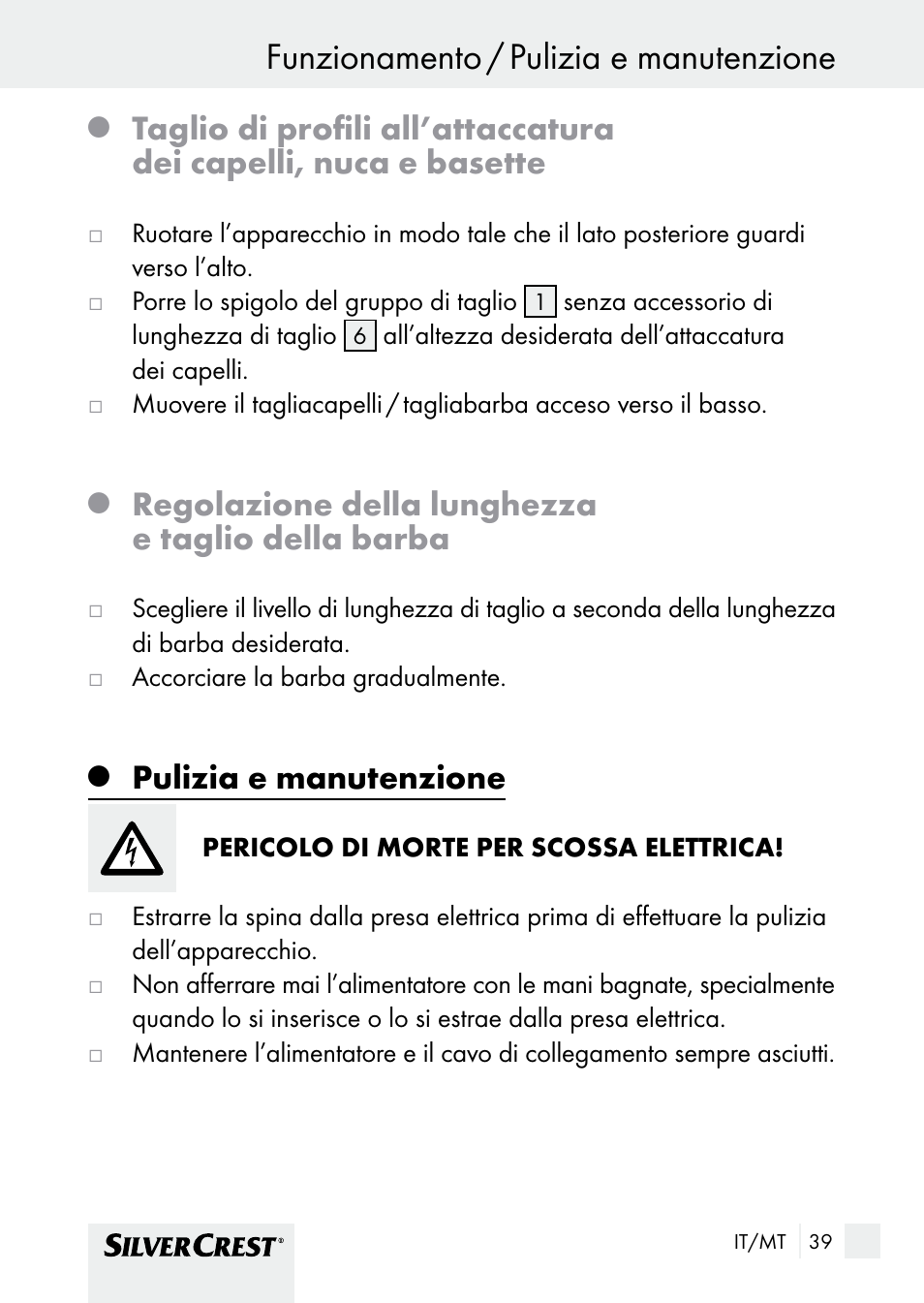 Funzionamento / pulizia e manutenzione, Regolazione della lunghezza e taglio della barba, Pulizia e manutenzione | Silvercrest SHBS 1000 A1 User Manual | Page 39 / 101