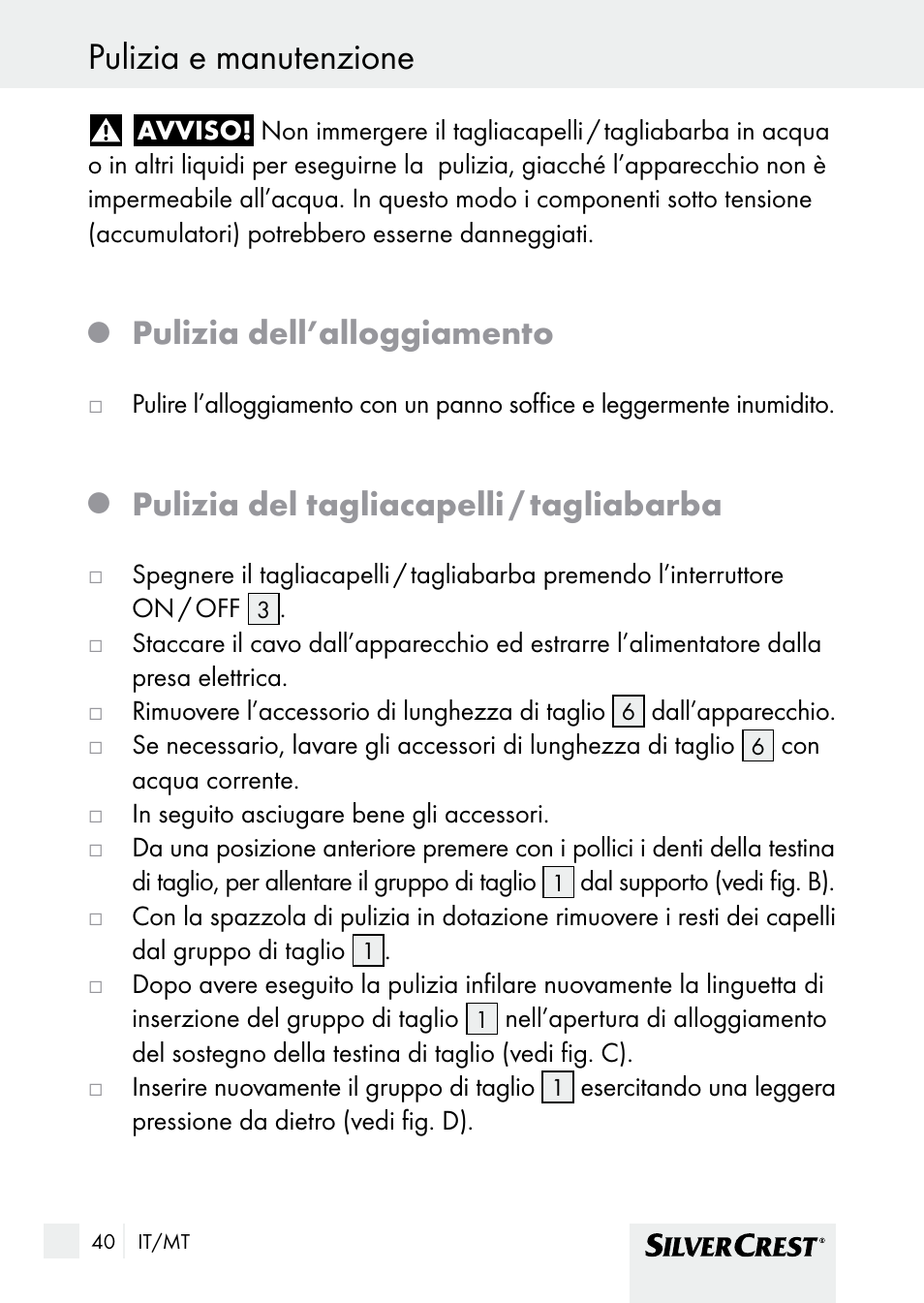 Pulizia e manutenzione, Pulizia dell’alloggiamento, Pulizia del tagliacapelli / tagliabarba | Silvercrest SHBS 1000 A1 User Manual | Page 40 / 101